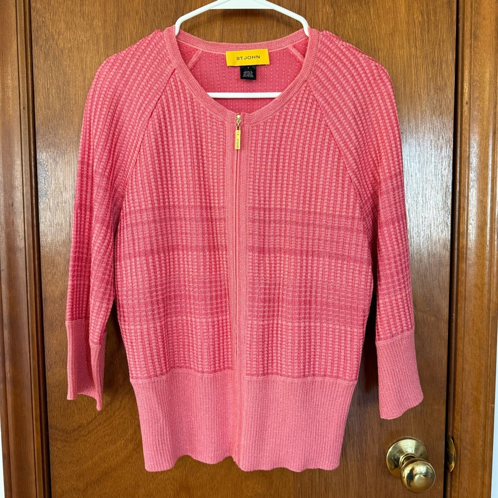 St. John Wool Blend Coral-Pink Zip Front Knit Sweater